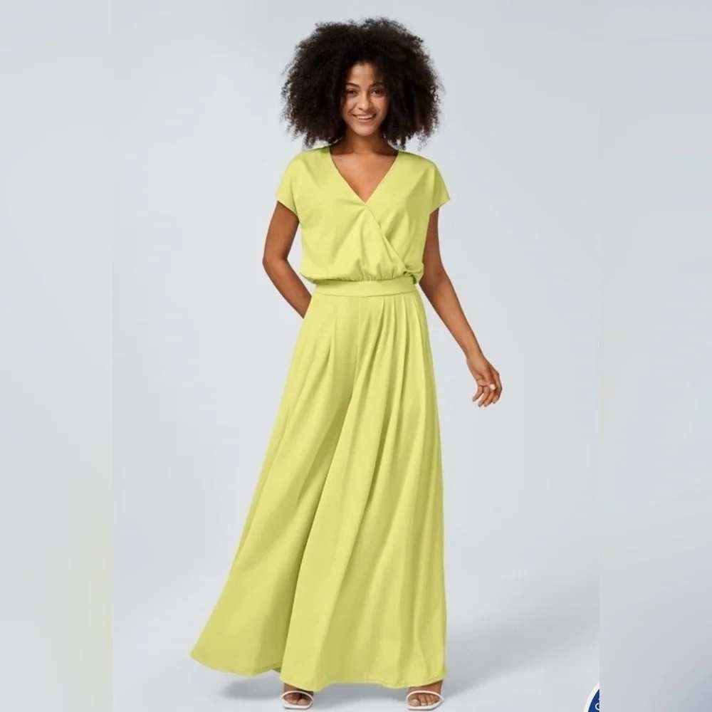 Halara Women Jumpsuit L Yellow Minimalist Surplice Wide Leg Short Sleeve